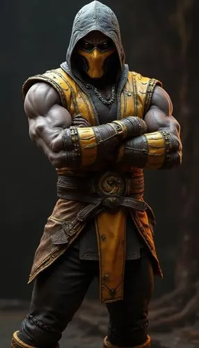 Un retrato hiperrealista de Scorpion, lo icónico luchador de Mortal Kombat, en una pose imponente , y debe tener una textura realista, como si estuviera hecho de materiales de alta calidad. Su figura 