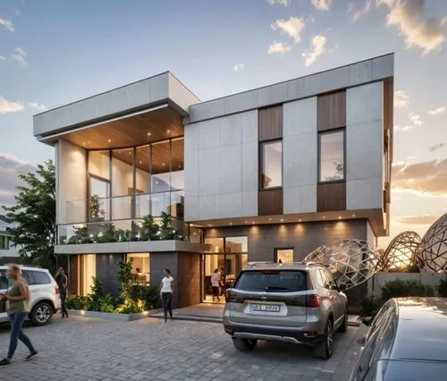 A PHOTOREALISTIC RENDER OF A CONTEMPOARARY SUSTANABLE RESIDENTIAL  DUPLEX, CLEAR GLASS ON THE FACADE, THE BUILDING IS CAST ON A WARM EVENING SUNSET, WARM INTERIOR LIGTHING SHOWS ACTIVITIY INSIDE THE B