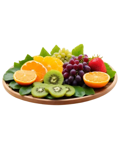 Colorful mixed fruits, still life, bright lighting, macro shot, shallow depth of field, reflective surface, juicy strawberries, grapes, kiwi, pineapple, orange slices, fresh green leaves, wooden table