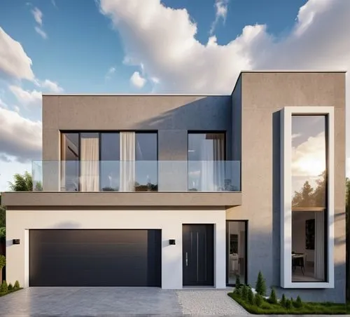 modern design house, garage door, driveway,modern house,modern architecture,3d rendering,dunes house,contemporary,two story house,residential house,house shape,modern style,stucco frame,housebuilding,