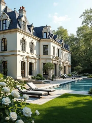 Elegant French-inspired luxury mansion with a cream stucco facade, ornate classical moldings, and tall black-framed windows. The building features a steep mansard roof with dark slate tiles and decora