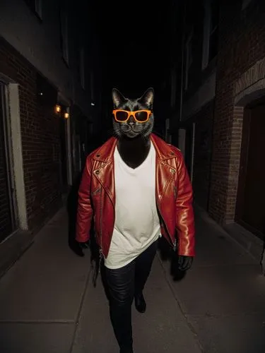 un gato oscuro con lentes de sol naranjados, chaqueta de cuero roja, camiseta blanca, va naminando por un callejón nocturno de ciudad,a cat wearing a leather jacket and red sunglasses,miles,biggie,all