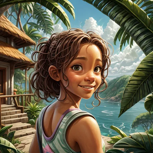 a draw of a girl in a modern house with jungle and ocean views,moana,polynesian girl,tiana,agnes,mowgli,polynesian,cg artwork,tahiti,little girl in wind,portrait background,child portrait,hula,girl po