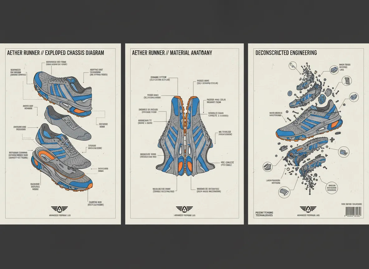Eine Serie von drei Postervariationen für einen neuen High-Tech-Sneaker, die Explosionszeichnungen und Materialhinweise im Stil einer technischen Zeichnung zeigen.