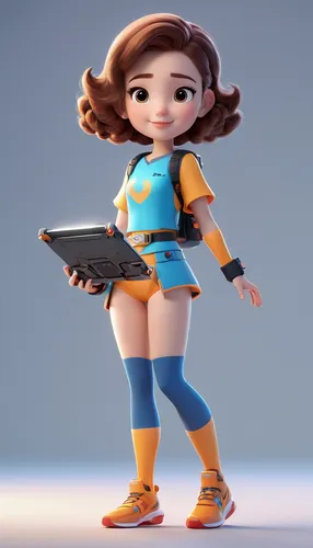 a girl in comics is holding an electronic device, in the style of daz3d, naomi okubo, full body, scoutcore, toyen, white, meticulous design,3d figure,tracer,3d model,vector girl,agnes,girl at the comp