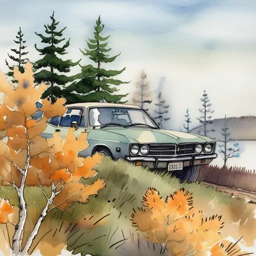 this is an image of a watercolor painting of a car in the woods,autumn camper,overland,autumn scenery,fall landscape,autumn idyll,watercolor sketch,car drawing,autumn day,autumn background,fall foliag