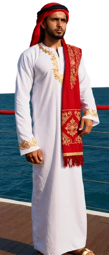Yemeni traditional clothes, Arabian man, white thobe, golden embroidery, intricate patterns, red taqiyah, brown leather sandals, bearded, serious expression, standing, 3/4 composition, warm lighting, 
