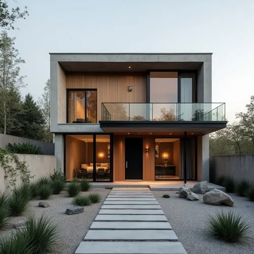 A minimalist, two-story modern home characterized by clean geometric lines and a balanced combination of materials—smooth concrete, matte black metal framing, and vertical natural wood cladding. The f