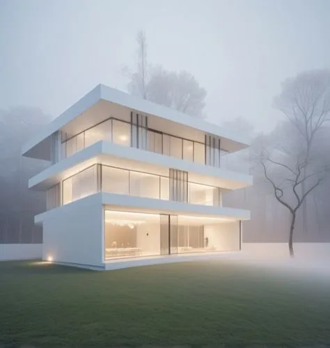 Minimalist render of a modern house with a clean design and straight lines, in predominantly white tones. The scene is enveloped in light fog, with soft lighting that highlights the architectural shap