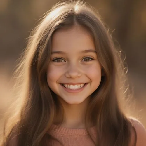 A photorealistic portrait of a smiling girl with long hair, focusing on her upper body and facial expression, with a warm and inviting atmosphere.,a small child with large brown eyes and long hair,a g