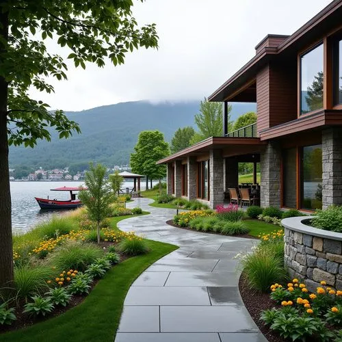 Rolling hills, serene lakeside, lush greenery, vibrant wildflowers, meandering walkways, rustic wooden benches, natural stone retaining walls, harmonious landscape integration, modern architecture ble