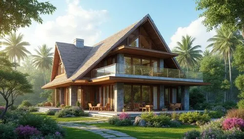 A beautiful one-story modern tropical house with a steep pointed roof, elegant wooden balcony, large glass windows, spacious veranda, natural stone walls, surrounded by lush green garden and colorful 