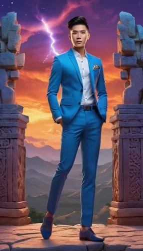 portrait shot man vivid quirky high fashion lightning portrait illusory landscape firey sunset range of colors standing on the edge of ancient ruins at earthrise starry skies before heaven astral phot