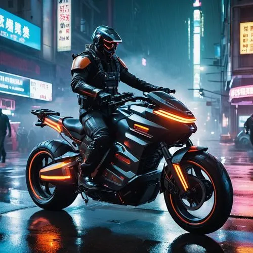 In the heart of Night City, neon lights flicker against the rain-soaked streets. A mercenary leans against his modified hoverbike, exhaling smoke into the humid air. His cybernetic arm whirs softly as