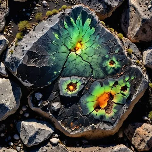 roccia spaccata , lavorata e levigata di colore nero, con all'interno minerali fluorescenti,some rocks and dirt are next to some flowers,lava stones,colored rock,stone lotus,colored stones,desert flow