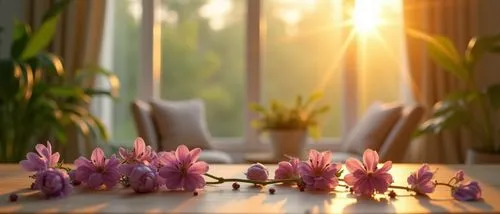 modern,big cozy living room,instagram style,beautifull desighn,sunny day,beige,cream,green,many plants,blured background,details ,zoom on violet flowers,plums on table,beautiful flowers sit on the tab