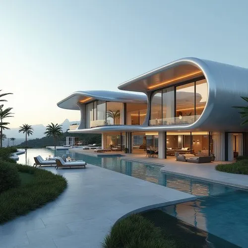Create a villa that emulates a futuristic spaceship, with curved metallic exteriors, floating levels, and high-tech interiors,this is a modern house in the evening,modern house,luxury home,modern arch