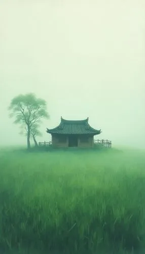 中国风水墨，淡水彩，吹墨艺术，大写意，晕染，肌理呈磨砂质感，朦胧，模糊，涂鸦，粗糙笔刷毛边，粗糙颗粒磨砂玻璃，点彩，岩彩，全息打印，cloudcore，弥散，梦幻，James Turrell，在一个到处都是绿色的世界里，浓浓的迷雾，一大片辽阔的绿油油的草地上，压迫感，一座极小的中国农村传统房屋，房屋若隐若现，神秘感，特写，空灵，宁静、禅意，治愈，意境，仙境，高级，采用极简主义风格，大量留白，堪称杰
