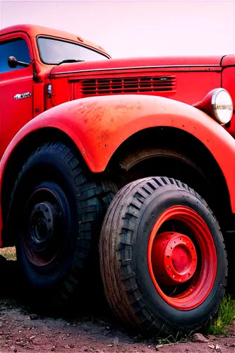 Old Ford truck, rusty patina, vintage license plate, worn-out tires, classic headlights, bold grille, faded red paint, rugged suspension, dusty wheels, nostalgic atmosphere, morning sunlight, 3/4 comp