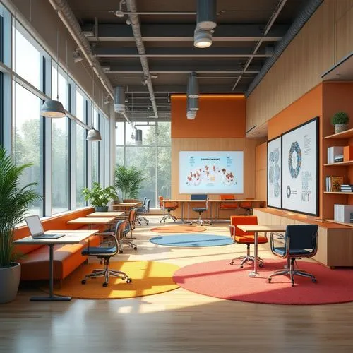 Vibrant learning hub, modern minimalist furniture, interactive whiteboards, collaborative workstations, comfortable seating areas, abundant natural light, floor-to-ceiling windows, warm wood accents, 