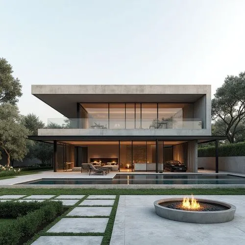 Three-story modern minimalist luxury villa with clean horizontal geometry, elegant cantilevered volumes, flat roof, and full-height floor-to-ceiling windows on all three floors with slim black aluminu