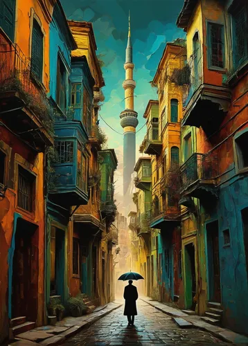 A fantastical cityscape (istanbul) where mythical creatures coexist with futuristic elements, a harmonious blend of the past and present and future, design in mind, impasto brush strokes by vincent va