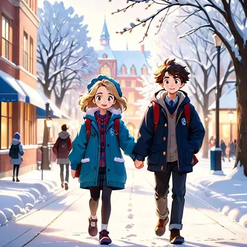 a girl and a boy student walks together towards campus,a couple walking through the snow holding hands,tsumugi kotobuki k-on,snow scene,winter background,little boy and girl,girl and boy outdoor,cute 