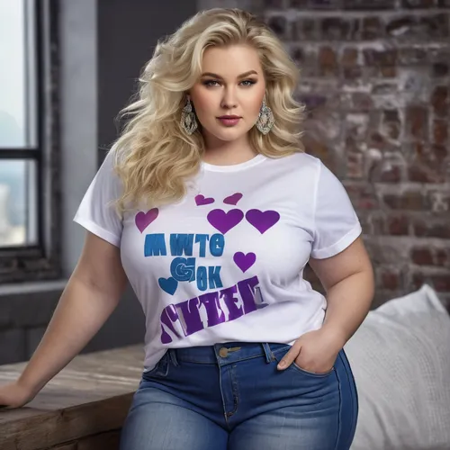 plus size lady, white - Skinned, blonde and straight large hair, blouse and jeans ,and , and blue and purple tones, text name "Heather" on the t-shirts, hearts, diamonds, pearls, photo, realistic,plus
