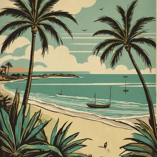 a retro-style poster illustration of a beach scene, palm trees, shoreline, depicting a sense of relaxation and bliss.,cool woodblock images,beach landscape,travel poster,tropical beach,coconut trees,c