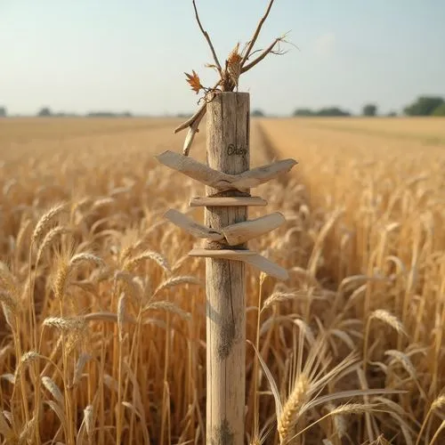 A front view of the image is seen on an off frame wooden post standing up straight with words on it. The post has a line of four blades that stick up, with four on the far left and two on the far righ