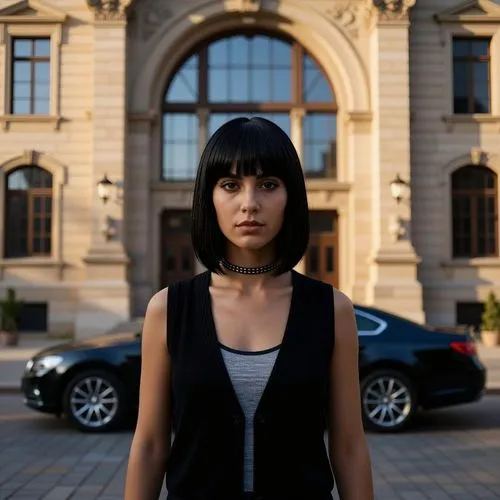 A beautiful girl of 34 years old in a very nice outfit is standing straight in front of a beautiful building, inverted bob with bangs hairstyle, with a car in the background, looking straight into the