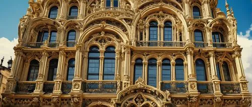Ornate buildings, Baroque style, grandiose structures, intricate stone carvings, Gothic arches, Romanesque columns, symmetrical facades, vibrant stained glass windows, ornamental balconies, detailed r
