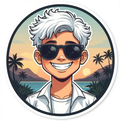 Round youtube logo with head of a smiling 20 year old boy white short black hair curly sunglasses with in background a landscape holiday white shirt cartoon realistic,an illustrated po of a young man 