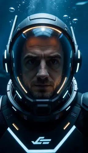 Photorealistic close-up and medium shot of a boy ficus on the derails of video an man . Don't change the environment. in a futuristic, illuminated scuba diving gear underwater. He gestures with his ha