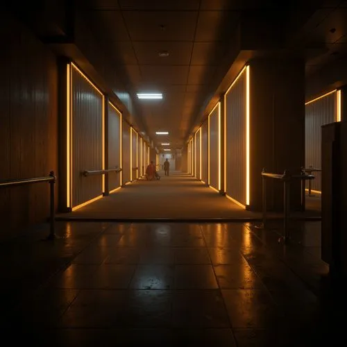 Moody cinematic atmosphere, streamline moderne architecture, sleek metallic accents, warm golden lighting, softbox lights, high-contrast shadows, dramatic spotlights, misty fog effects, atmospheric ha