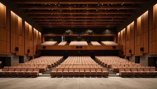 Curved auditorium seating, mid-century modern architecture, warm wood tones, sound-absorbing panels, sleek minimalistic design, polished concrete floors, elevated stage, professional lighting systems,
