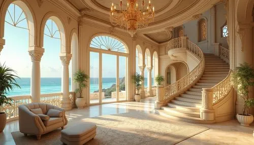 Elegant beachside mansion, intricately carved wooden accents, ornate metalwork, grand entranceways, sweeping staircases, opulent chandeliers, lavish furnishings, soft creamy walls, warm beige floors, 