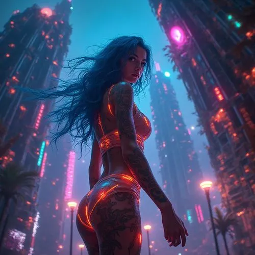 low angle view, A vibrant, futuristic fantasy scene where a stunningly beautiful woman stands confidently on the edge of a neon-lit cityscape. She is adorned in skimpy, glowing neon attire that clings