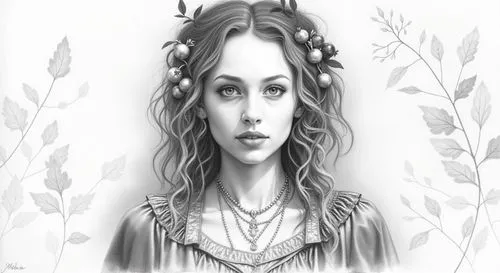a pencil sketcche,a portrait drawing of a woman with flowers in her hair,jessamine,mystical portrait of a girl,elven flower,young girl,noblewoman,girl drawing,fantasy portrait,girl portrait,fairest,wi