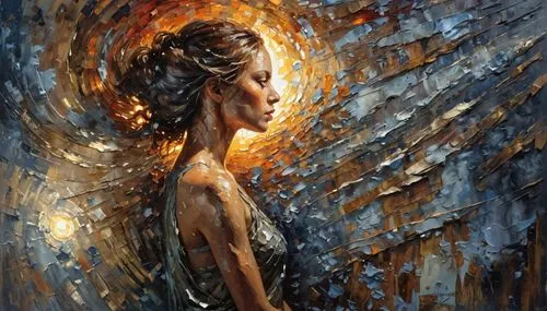  "Impasto oil painting, moody chiaroscuro portrait. A woman's face partially illuminated by a strong side light, casting deep shadows on one side. The light side is rendered with thick, raised impasto