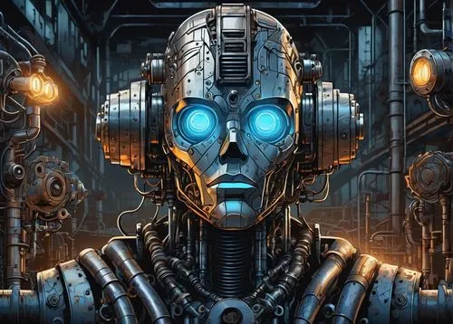Iron Golem, mechanical face, glowing blue eyes, metallic skin, intricate circuitry patterns, silver hair, industrial atmosphere, abandoned factory, dim lighting, foggy surroundings, 3/4 composition, l