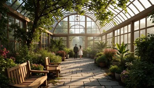 Lush greenhouse interior, romantic ambiance, soft natural light, misty atmosphere, exotic plants, vibrant flowers, delicate vines, rustic wooden benches, ornate metal trellises, curved glass roofs, in