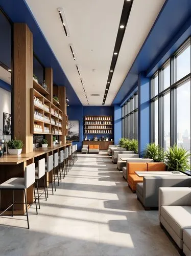 modern and practical architecture interior, cafe and snacks market combined with coworking zone and lounge zone in a very small space, Modular design, Straight line design, The design will feature: 1.