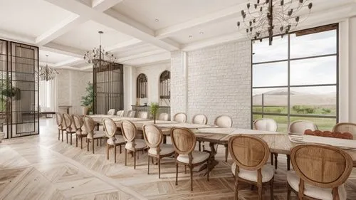 modern rustic dining hall. add lighting, trees. show colors stone floor, wood, white plaster textures,breakfast room,dining room,kitchen & dining room table,luxury home interior,dining room table,tile