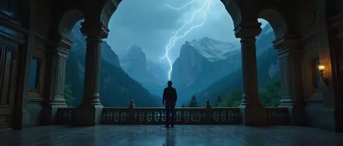 Man are standing inside a very fancy hall with decorated windows, looking at the wild storm outside. Big impressive mountains and forest are lit up as a lighting crosses the sky to meet the top of the
