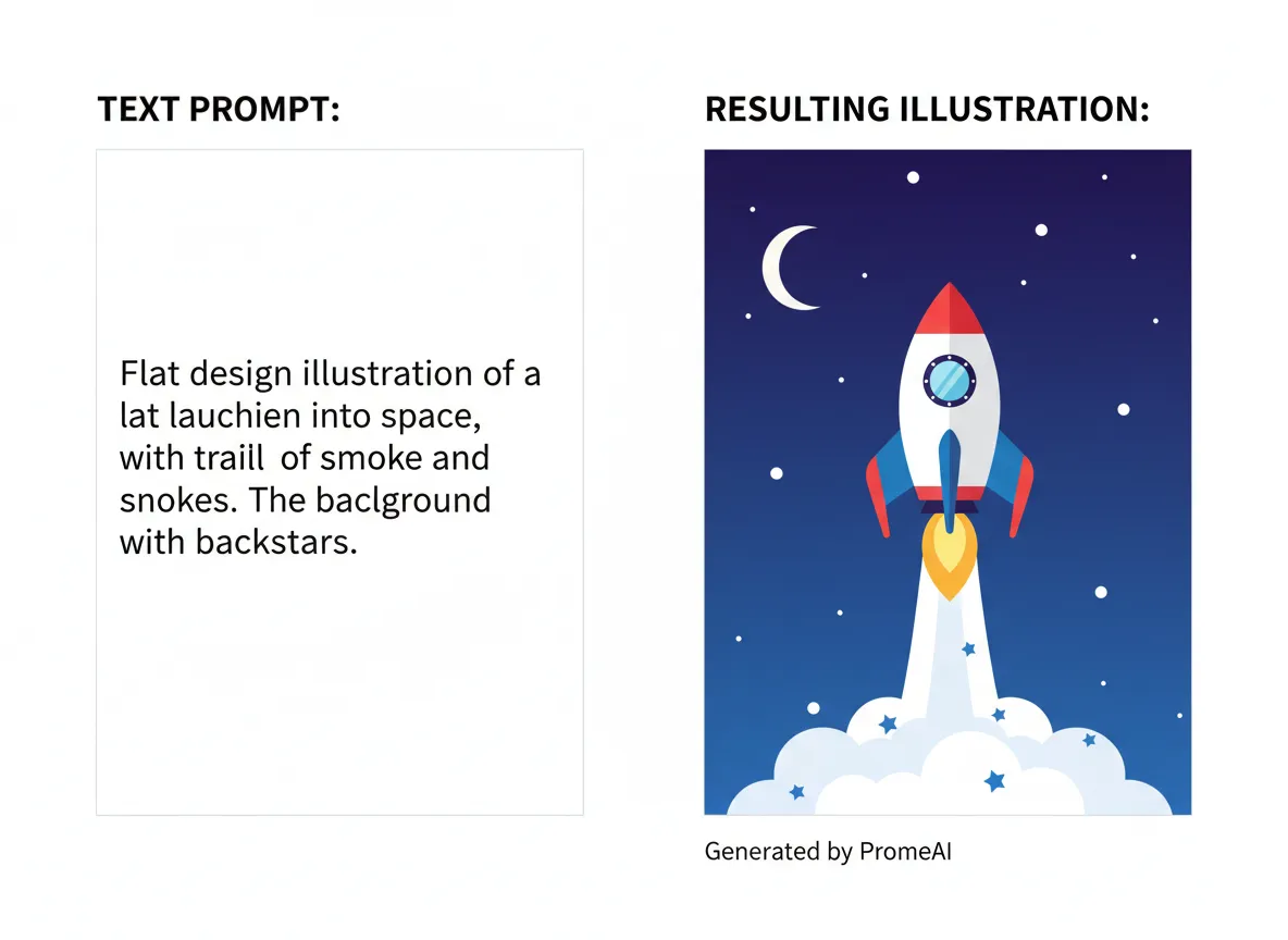 Ein direkter Vergleich, der einen Textbefehl und die daraus resultierende Flat-Design-Illustration einer Rakete zeigt, die von PromeAI generiert wurde.