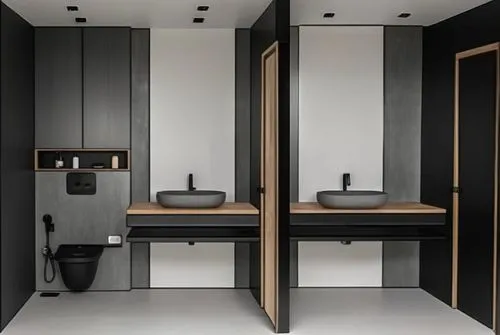grey tiles, full length mirror for powder room and handwash area, spotlights for ceilings and cove light 
wood cabinets and washbasin countertop grey tile, washbasin matt black color and pot matt blac