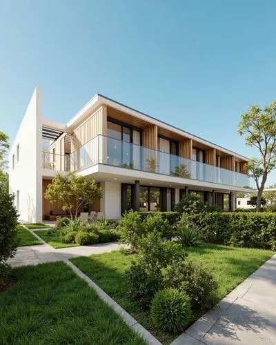 
A photo-realistic rendering of a modern, minimalist house with a contemporary design. the house is a two-story building with a rectangular shape and a flat roof, featuring large glass windows that al