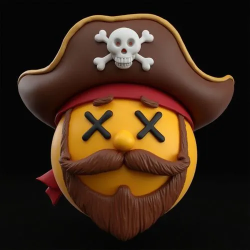 A 3D rendering depicts a yellow circular emoji against a black background. The emoji wears a brown pirate hat featuring a lighter brown curved brim and a darker brown crown. A white skull and crossbon