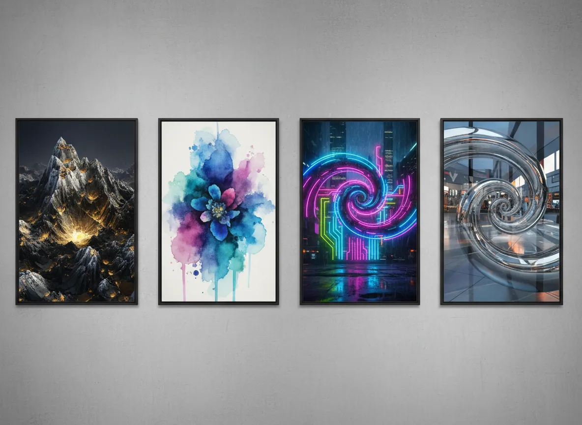 विभिन्न शैलियों में चार Mandelbrot छवियों की एक गैलरी: फोटोरियलिस्टिक, वॉटरकलर, नियॉन-नोयर और क्रोम।